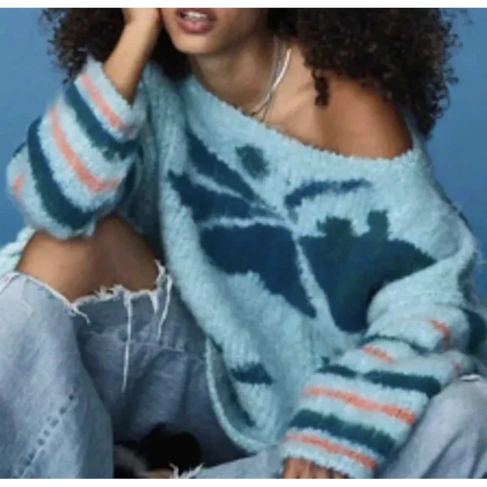 NWT Free People Lily sweater Mosaic Sky Combo Cropped Medium Wool Blend Medium